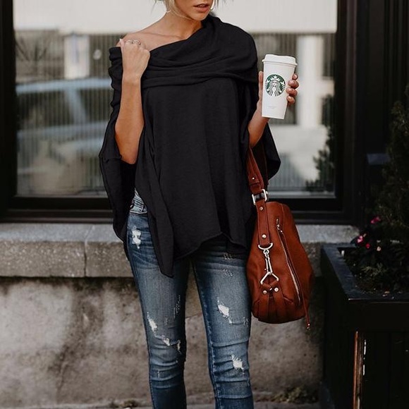 Women oversized poncho sweater tops high low asymmetrical wrap - Picture 5 of 6